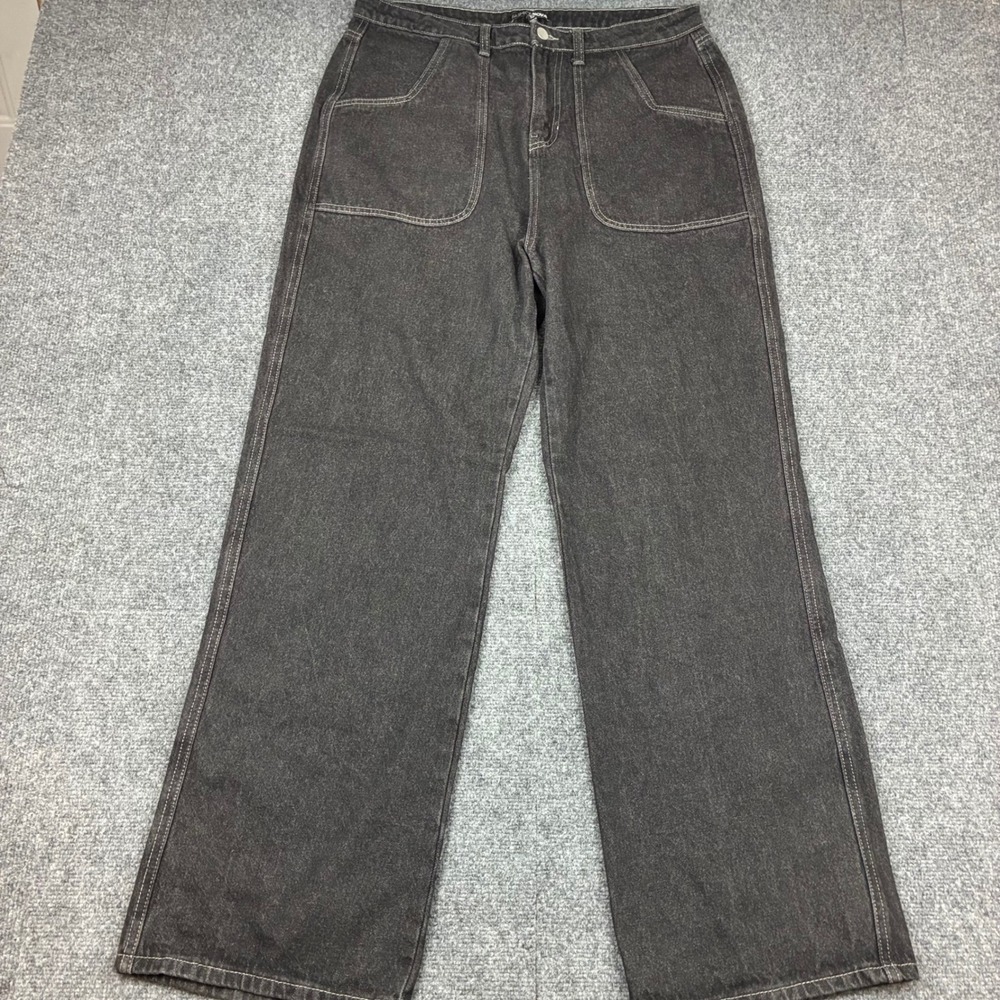 Fashion Nova Womens Size 15 Wide Leg Jeans Black Contrast Stitch High Rise Denim